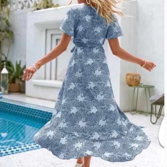 Boho Green Ruffle Hem Butterfly Sleeve Wrap Dress - Picture 9 of 15